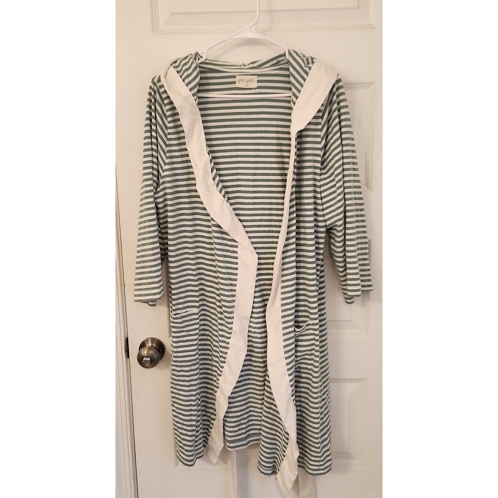 Pure Fiber Hooded Robe Sage Green White Striped Organic Cotton Loungewear L/XL